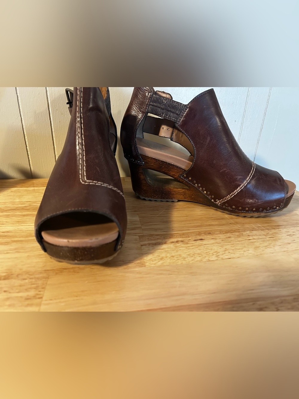 Dansko Brown Leather Peep-Toe Wedge Sandals